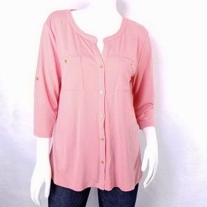 Ellen Tracy Button Down 3/4 Sleeve Blouse Roll Tab
